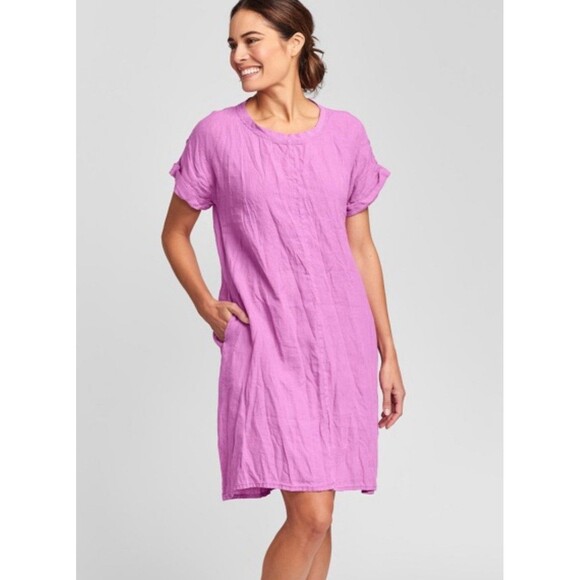 🩷FLAX Shirt Dress 100% LINEN Bubble Gum Pink Breathable Summer Cute Lightwt Sz S - Picture 2 of 16